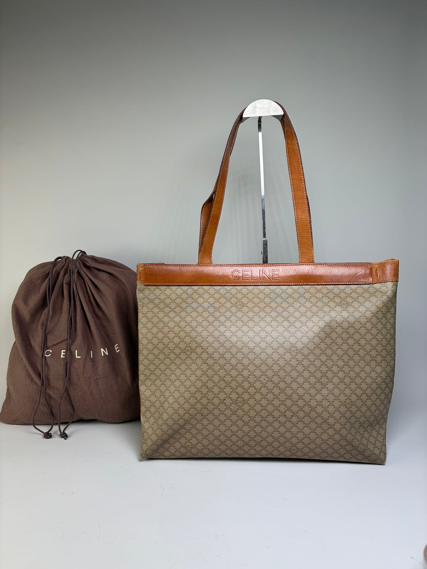 Vintage Celine Coated Canvas Tote Beige Brown Damaged