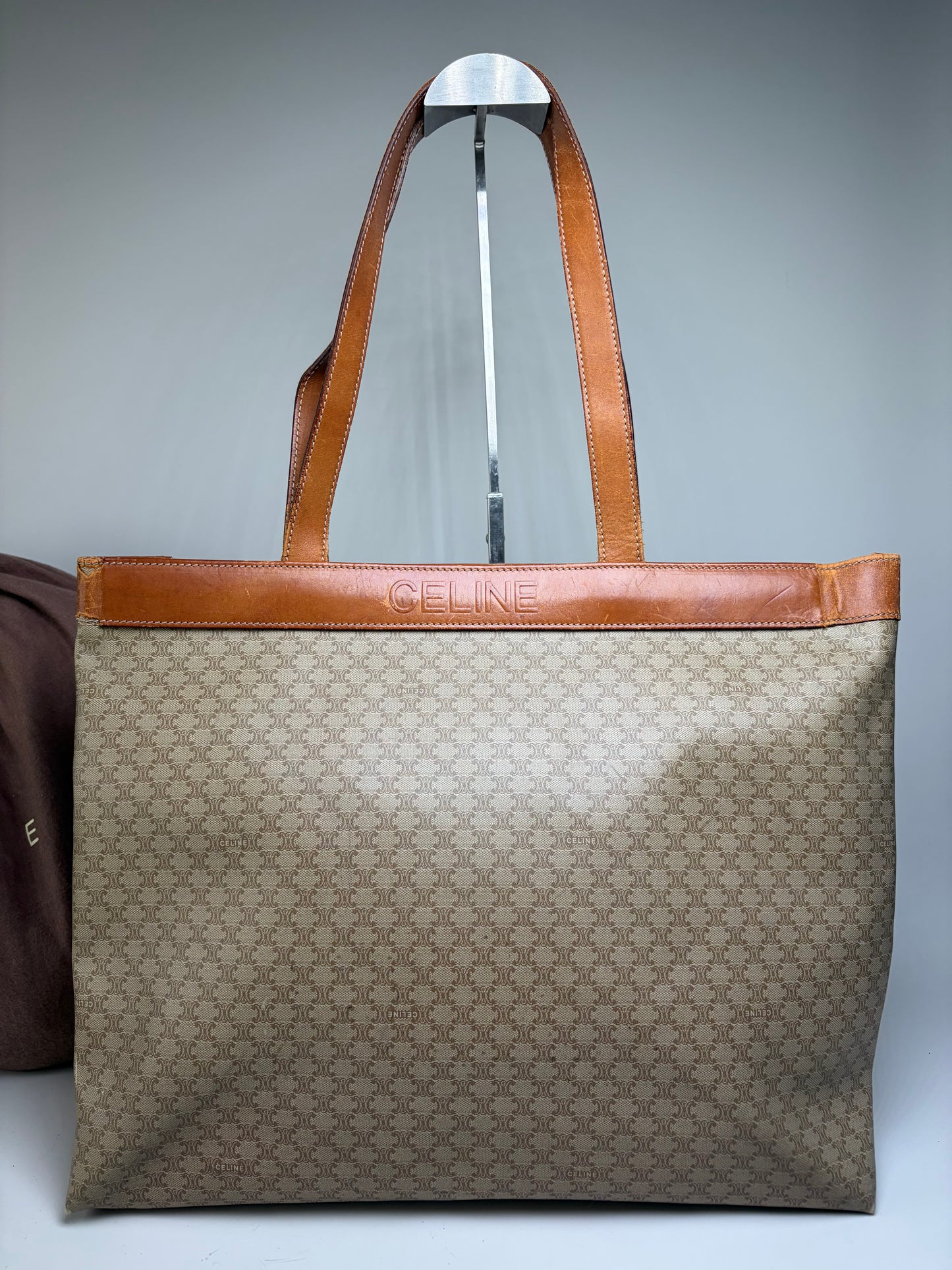 Vintage Celine Coated Canvas Tote Beige Brown Damaged