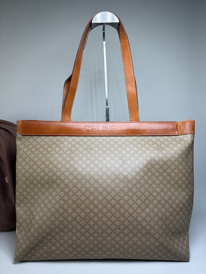 Vintage Celine Coated Canvas Tote Beige Brown Damaged