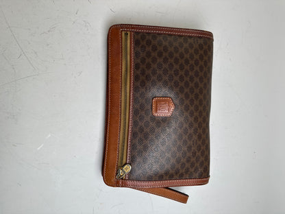 Vintage Celine Coated Canvas Clutch Bag Brown Tan Gold