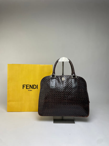 Vintage Fendi Woven Leather Structured Top-Handle Bag Dark Brown