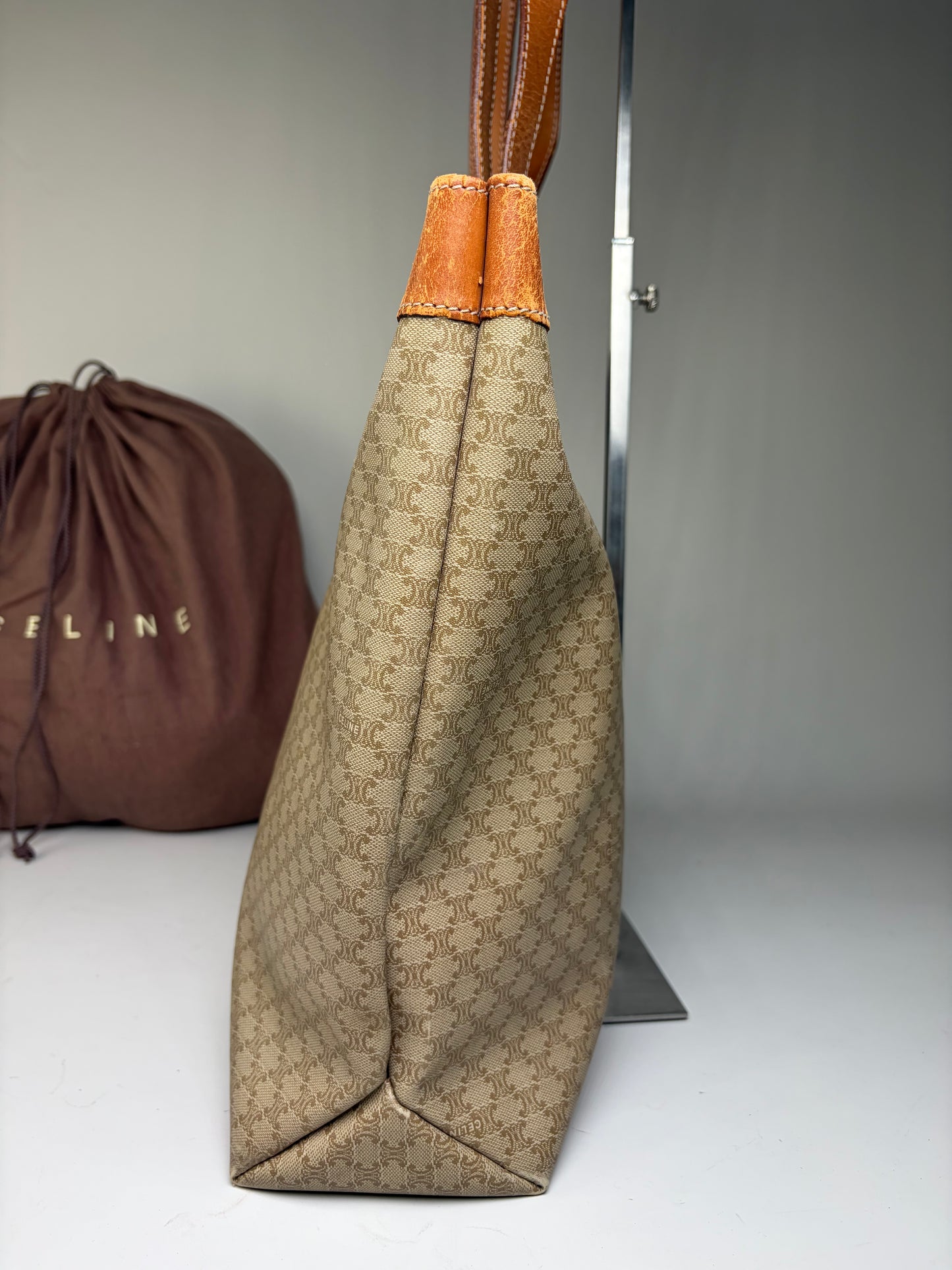 Vintage Celine Coated Canvas Tote Beige Brown Damaged