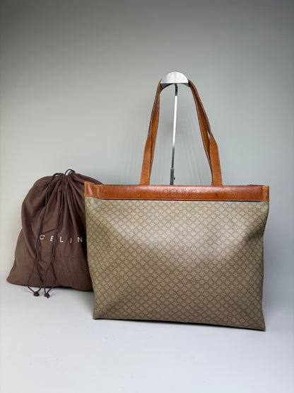 Vintage Celine Coated Canvas Tote Beige Brown Damaged