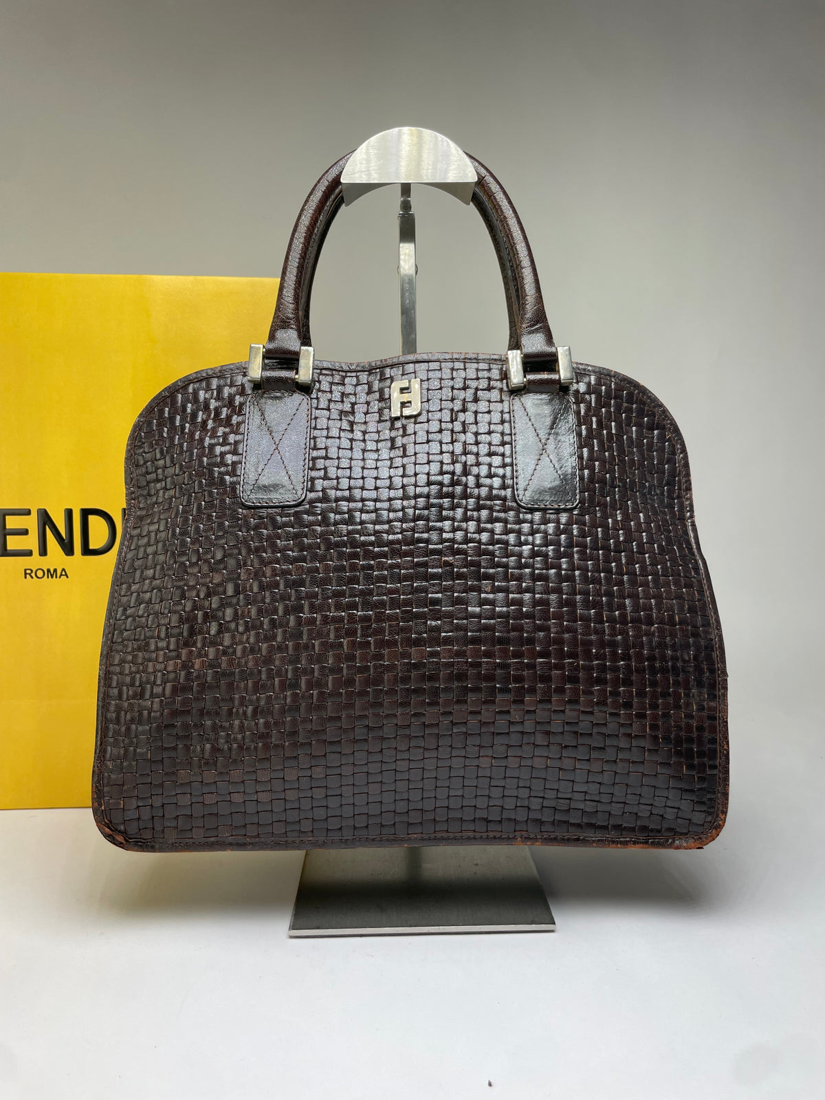 Vintage Fendi Woven Leather Structured Top-Handle Bag Dark Brown