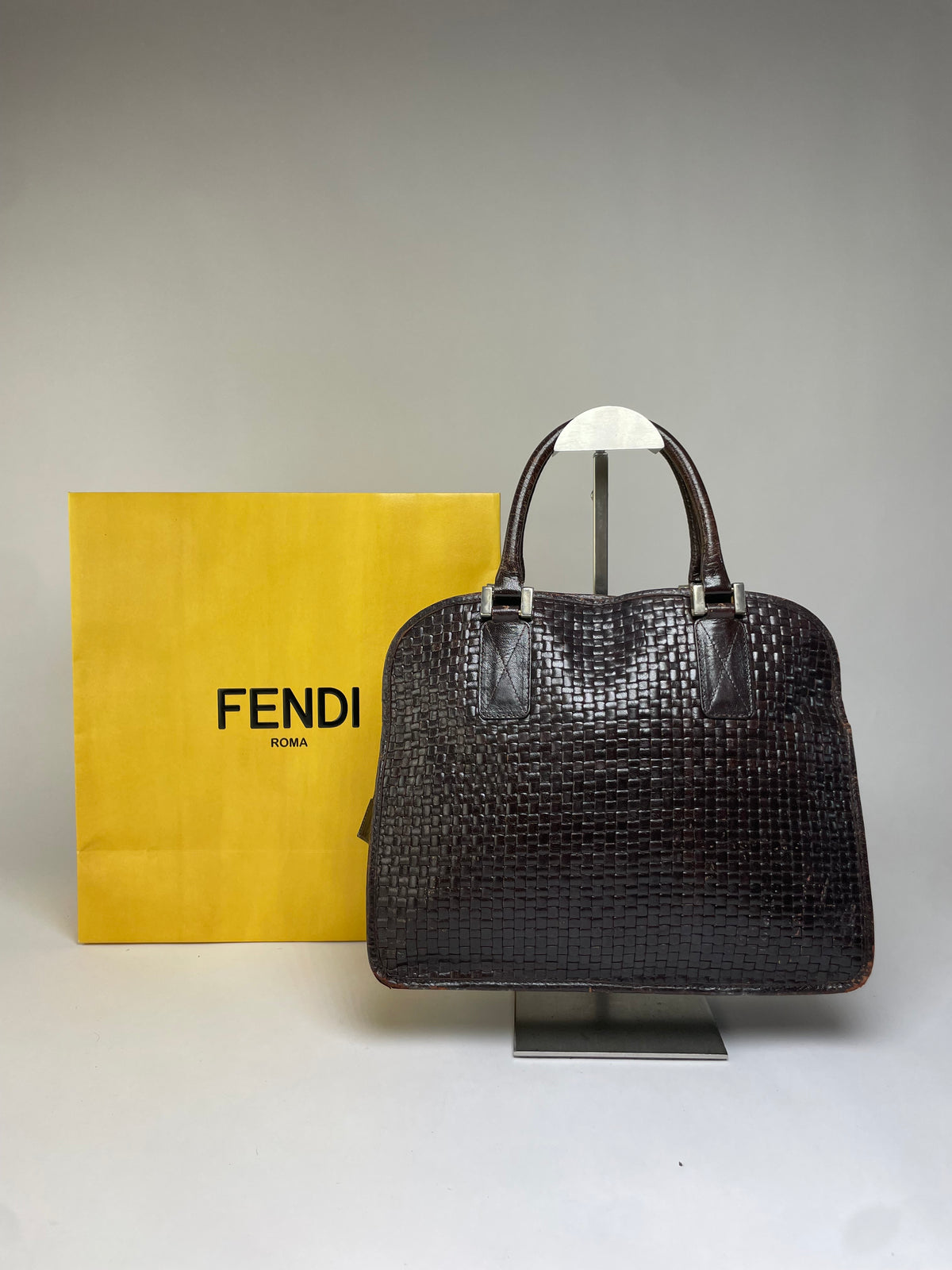 Vintage Fendi Woven Leather Structured Top-Handle Bag Dark Brown