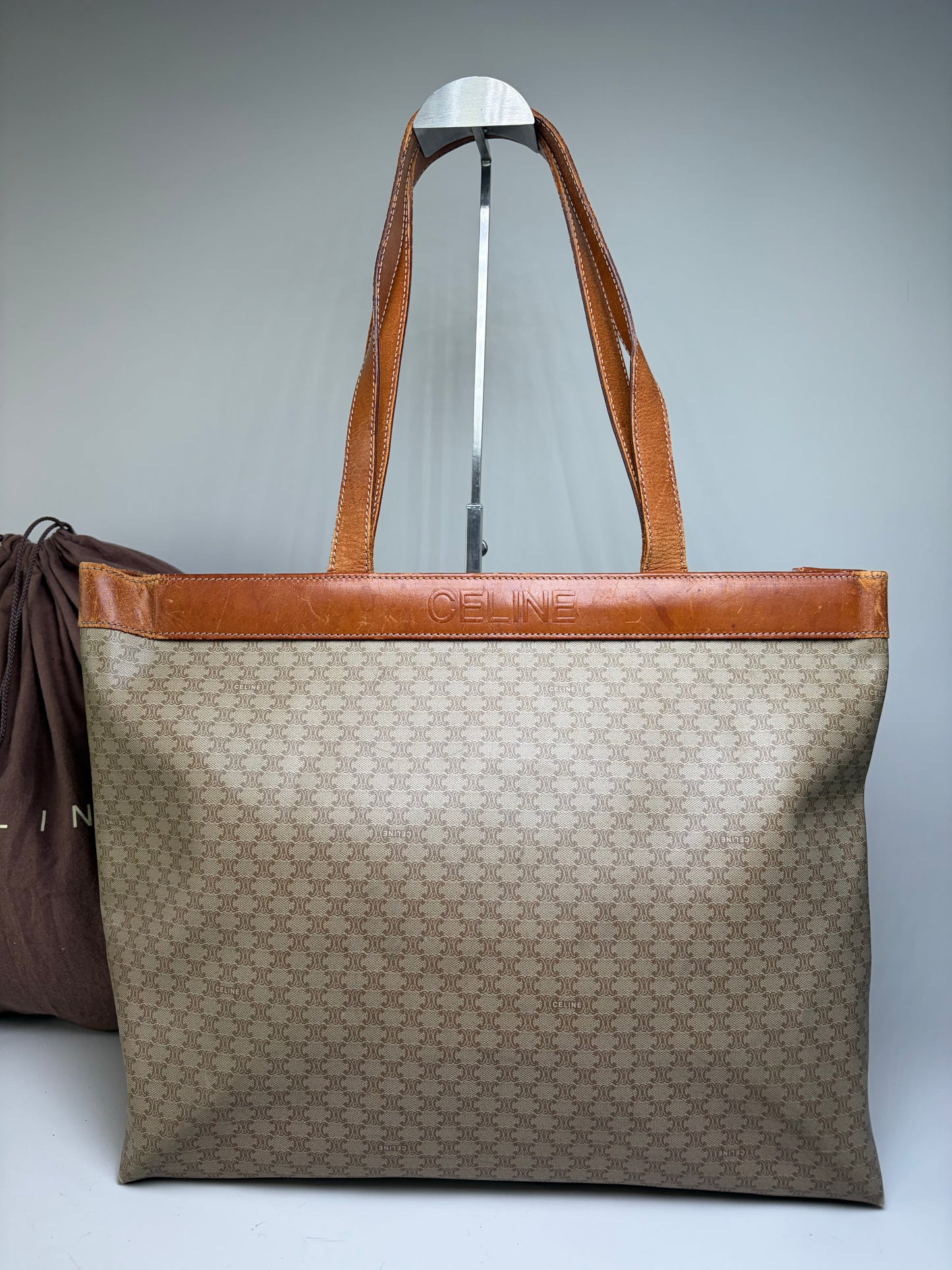 Vintage Celine Coated Canvas Tote Beige Brown Damaged