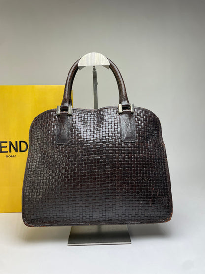 Vintage Fendi Woven Leather Structured Top-Handle Bag Dark Brown