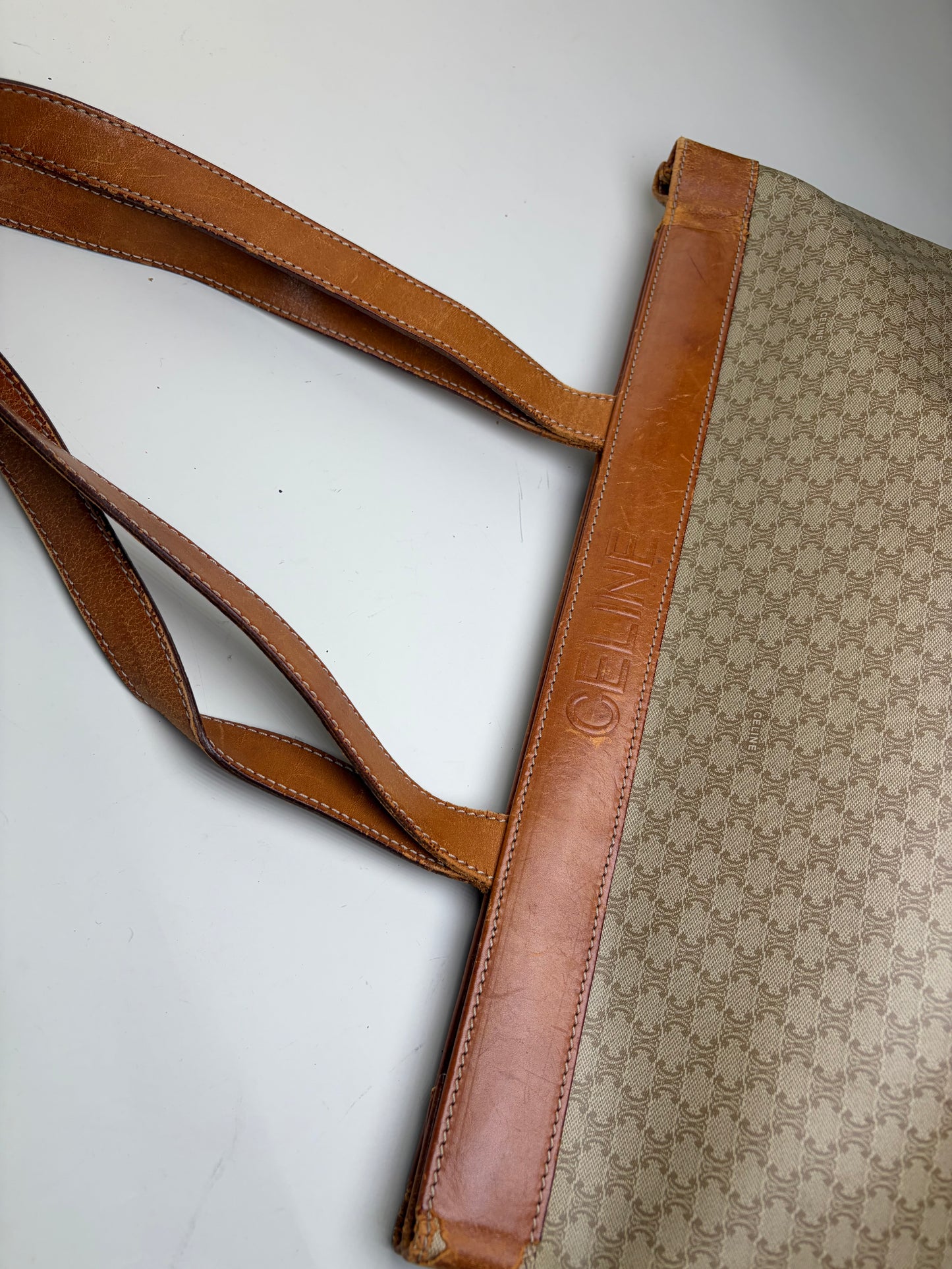 Vintage Celine Coated Canvas Tote Beige Brown Damaged