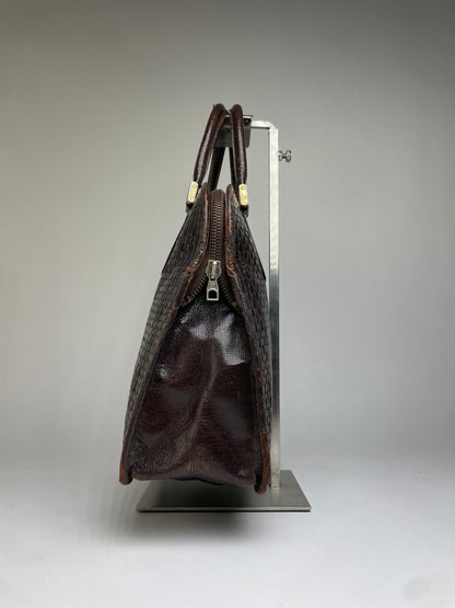 Vintage Fendi Woven Leather Structured Top-Handle Bag Dark Brown