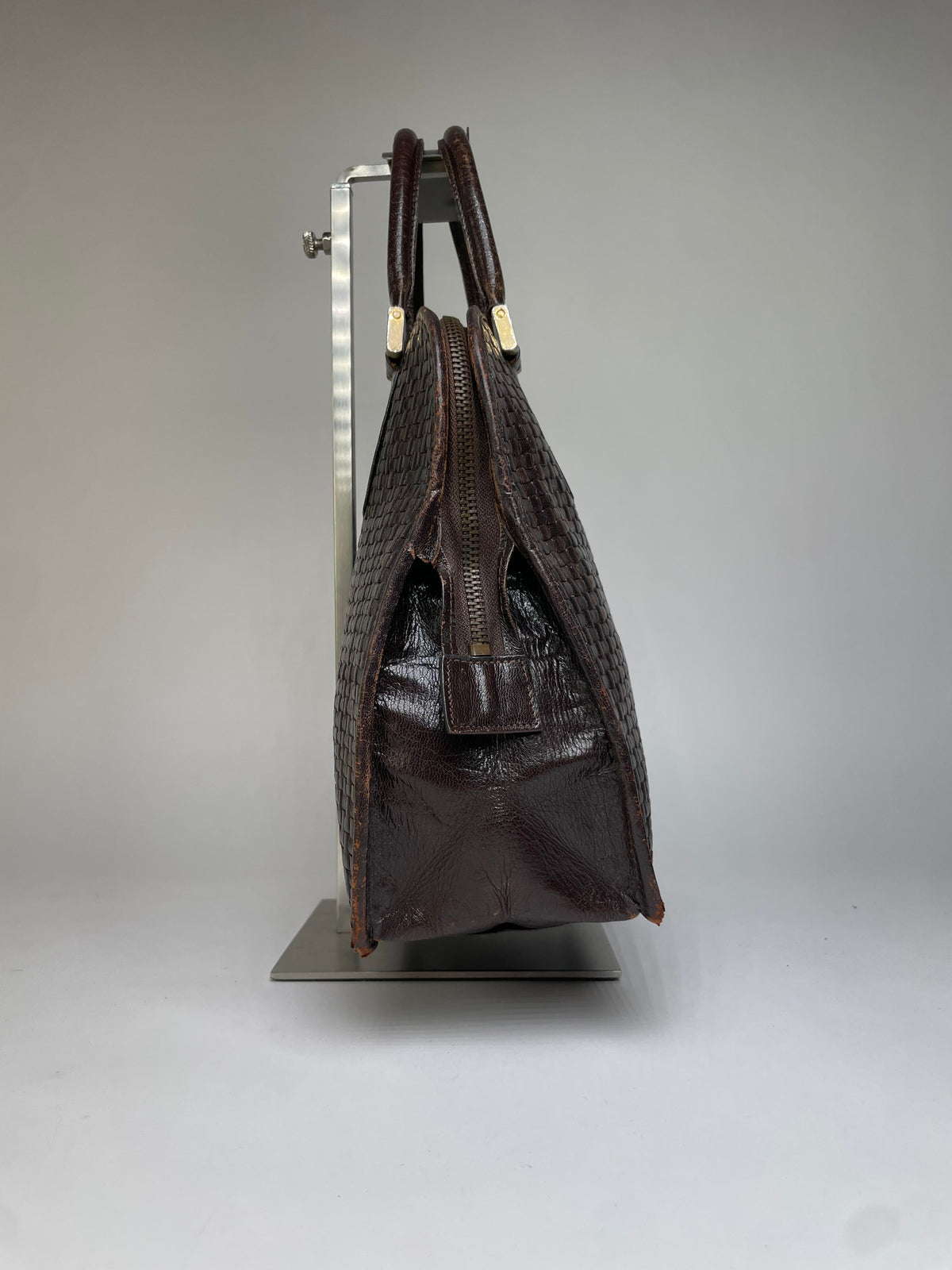 Vintage Fendi Woven Leather Structured Top-Handle Bag Dark Brown