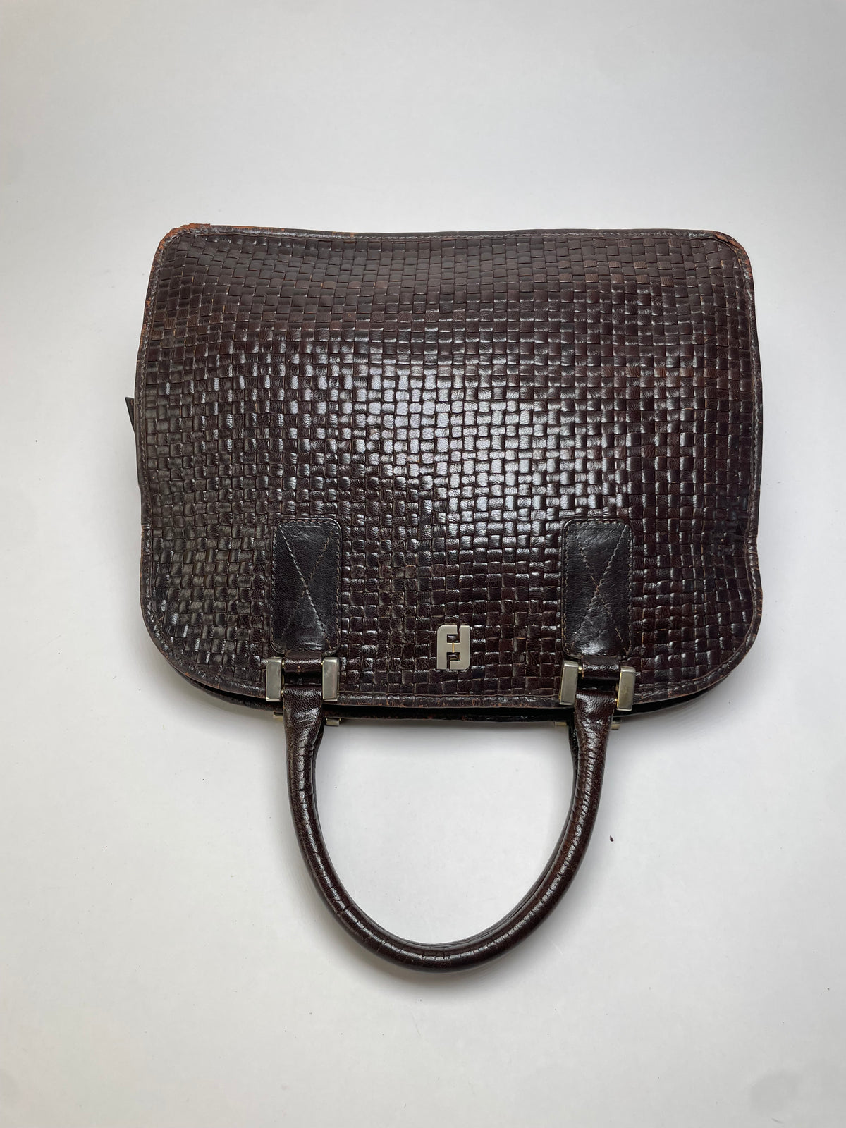 Vintage Fendi Woven Leather Structured Top-Handle Bag Dark Brown