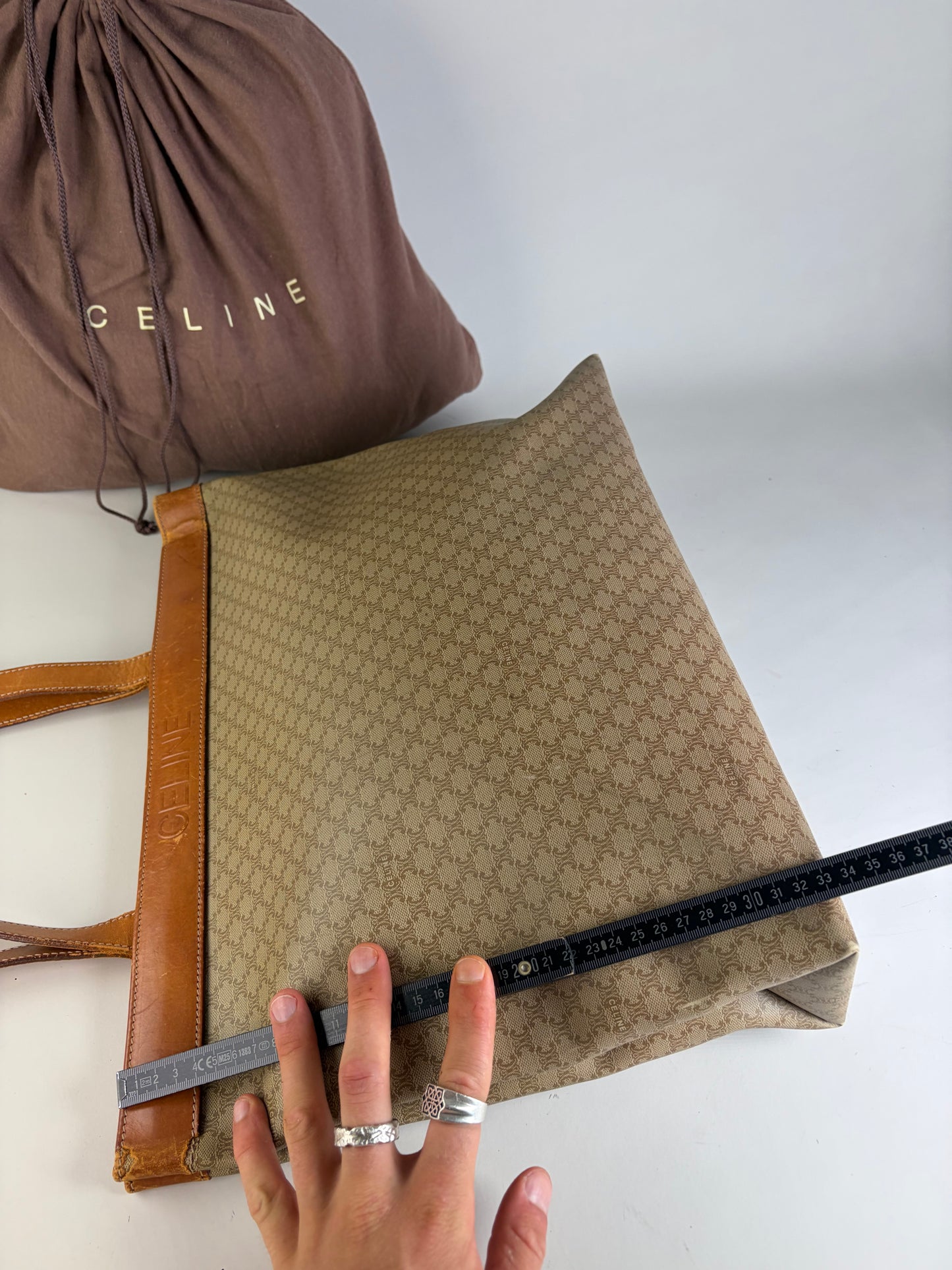 Vintage Celine Coated Canvas Tote Beige Brown Damaged