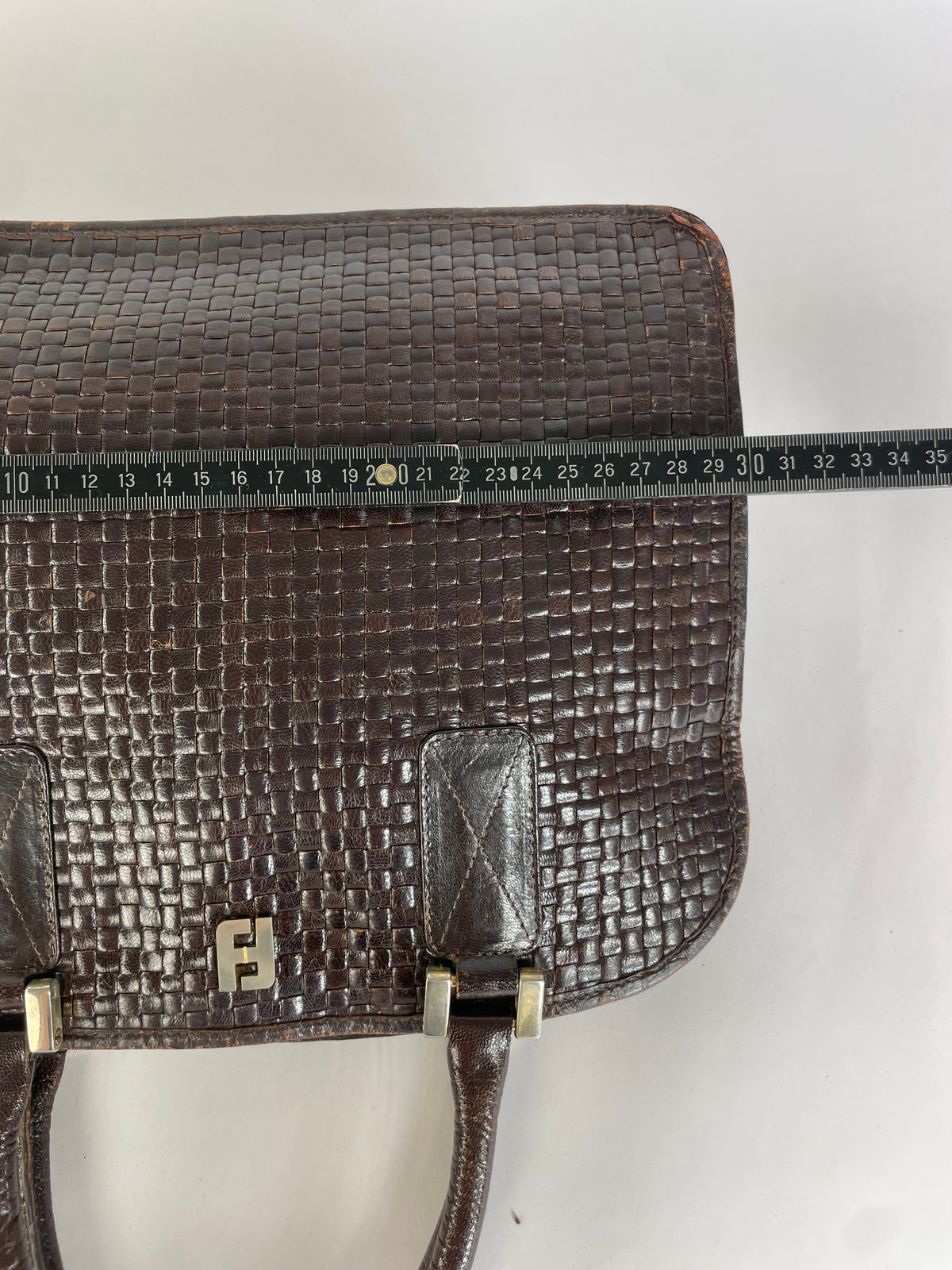Vintage Fendi Woven Leather Structured Top-Handle Bag Dark Brown