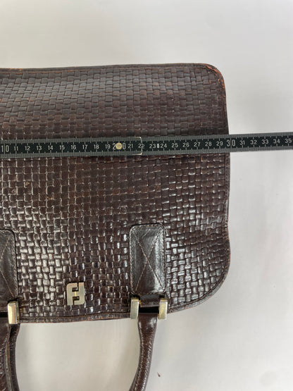 Vintage Fendi Woven Leather Structured Top-Handle Bag Dark Brown