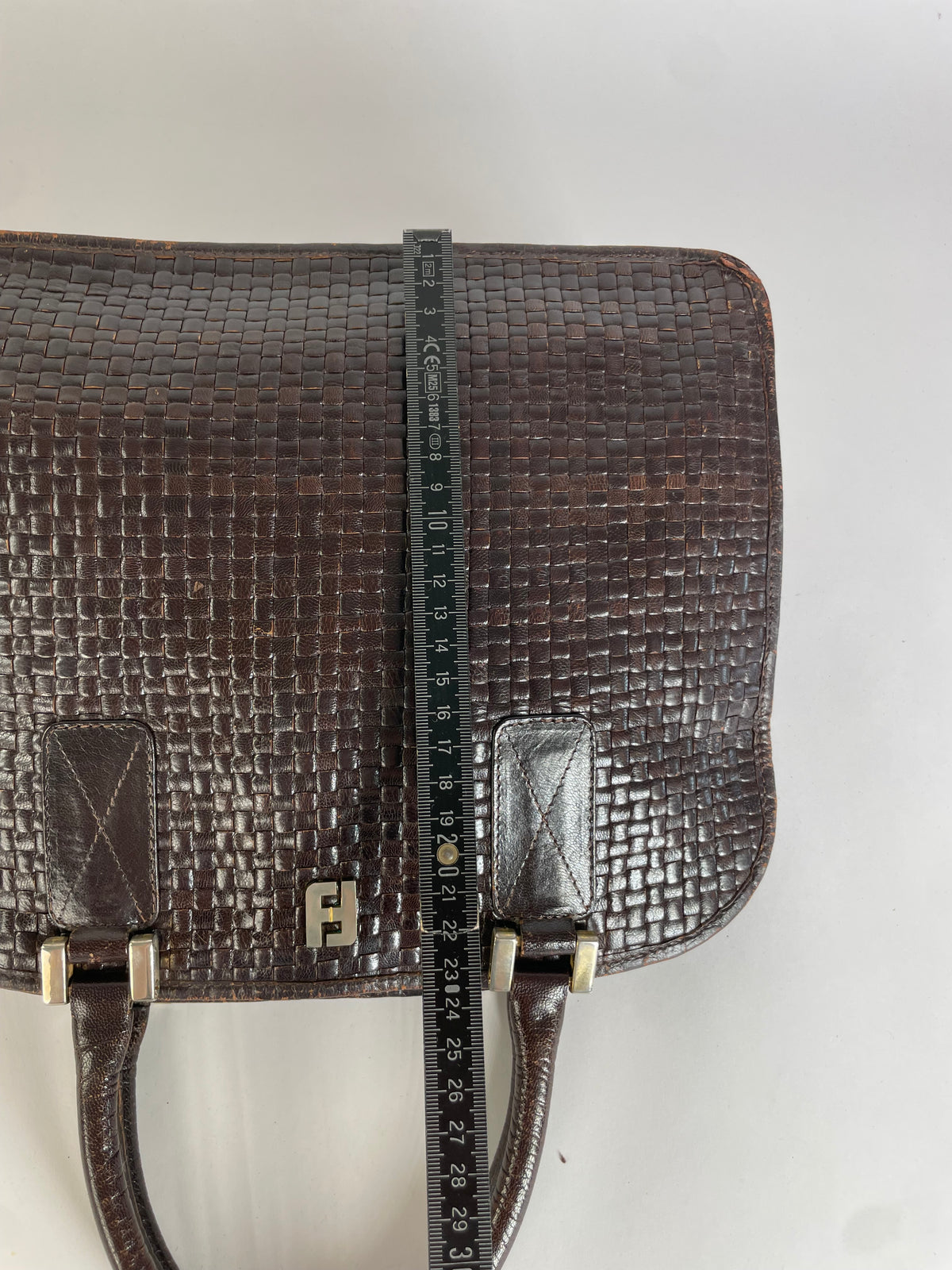 Vintage Fendi Woven Leather Structured Top-Handle Bag Dark Brown