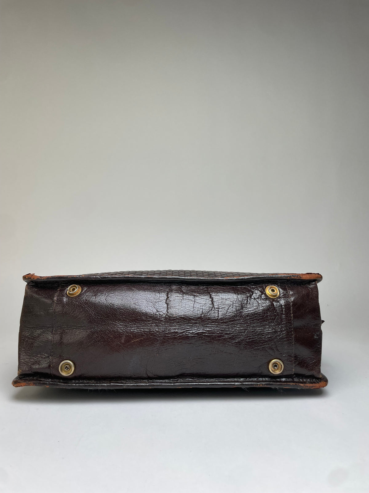 Vintage Fendi Woven Leather Structured Top-Handle Bag Dark Brown