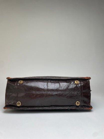 Vintage Fendi Woven Leather Structured Top-Handle Bag Dark Brown