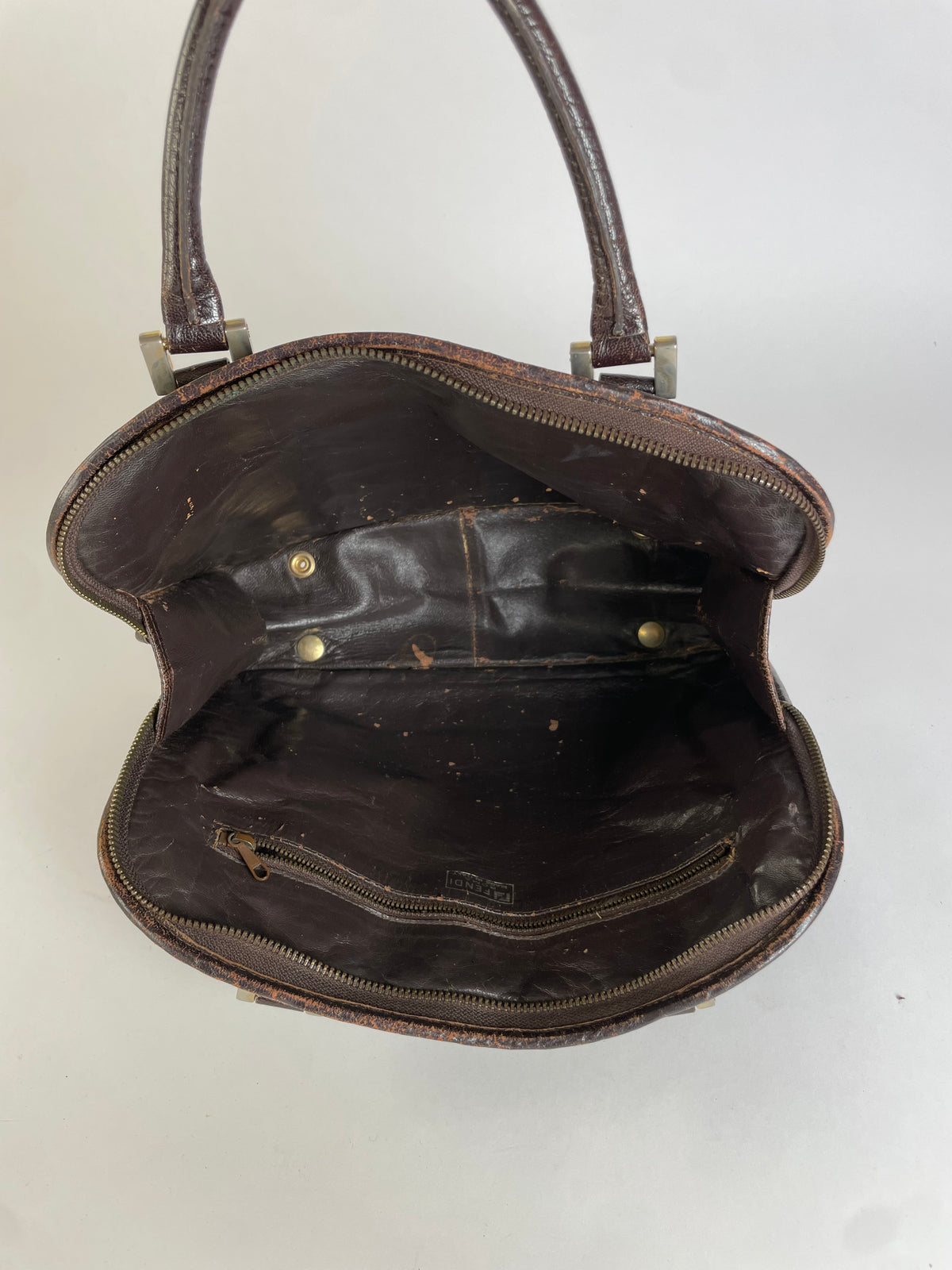 Vintage Fendi Woven Leather Structured Top-Handle Bag Dark Brown