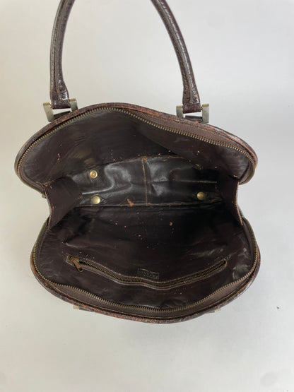 Vintage Fendi Woven Leather Structured Top-Handle Bag Dark Brown