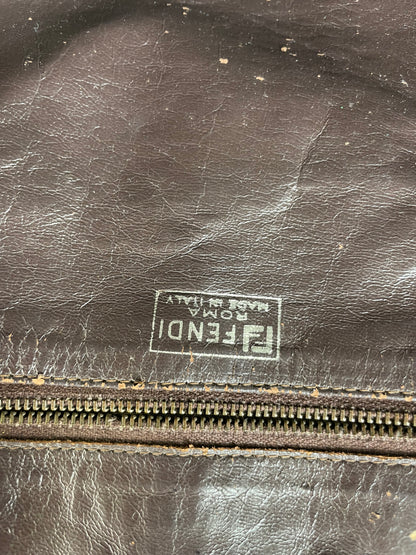 Vintage Fendi Woven Leather Structured Top-Handle Bag Dark Brown