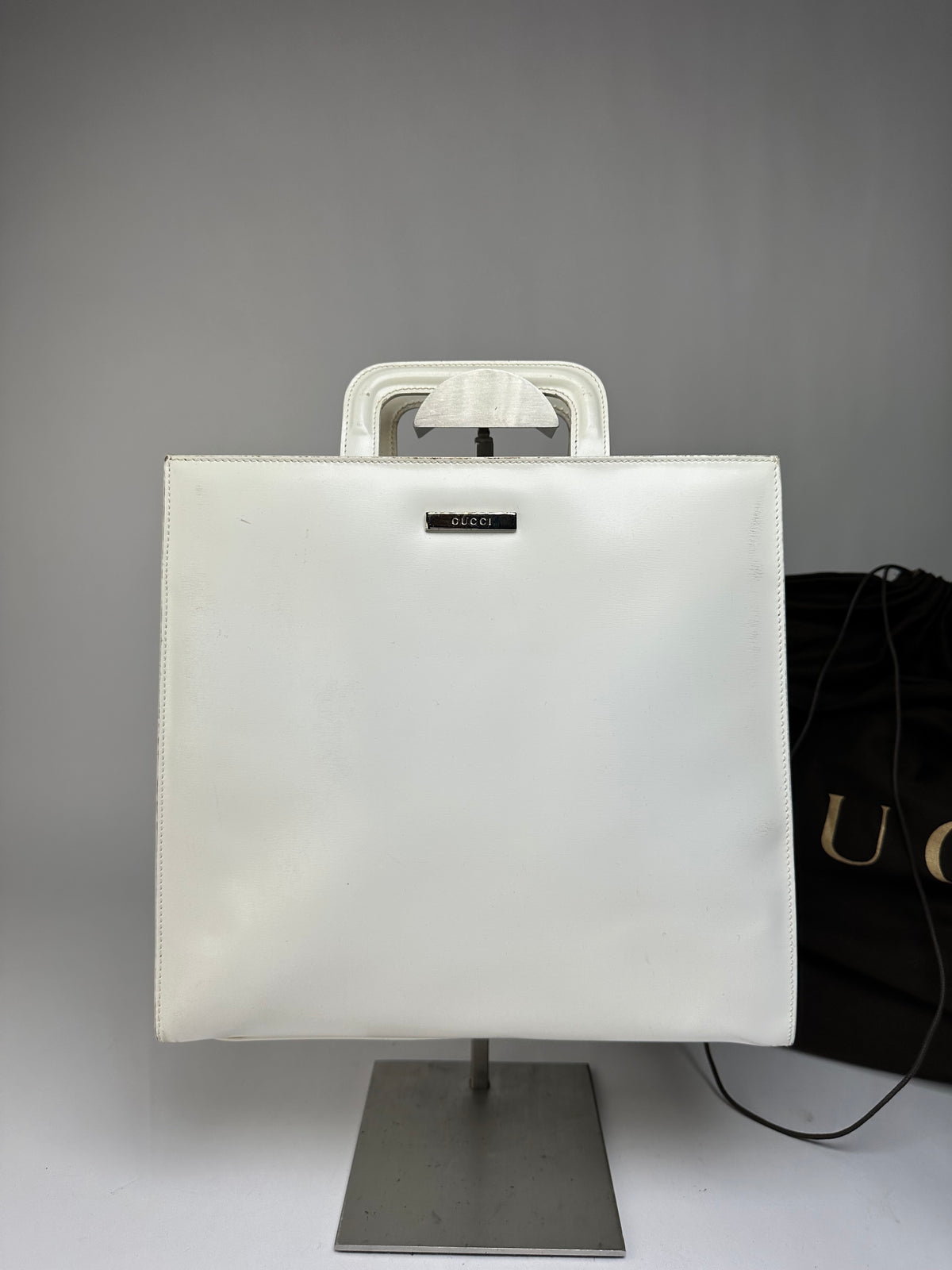 Vintage Gucci Structured Leather Top-Handle Bag White Silver