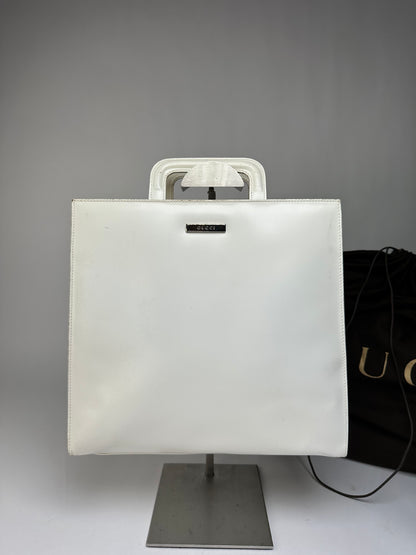 Vintage Gucci Structured Leather Top-Handle Bag White Silver
