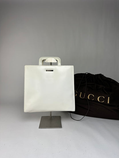 Vintage Gucci Structured Leather Top-Handle Bag White Silver