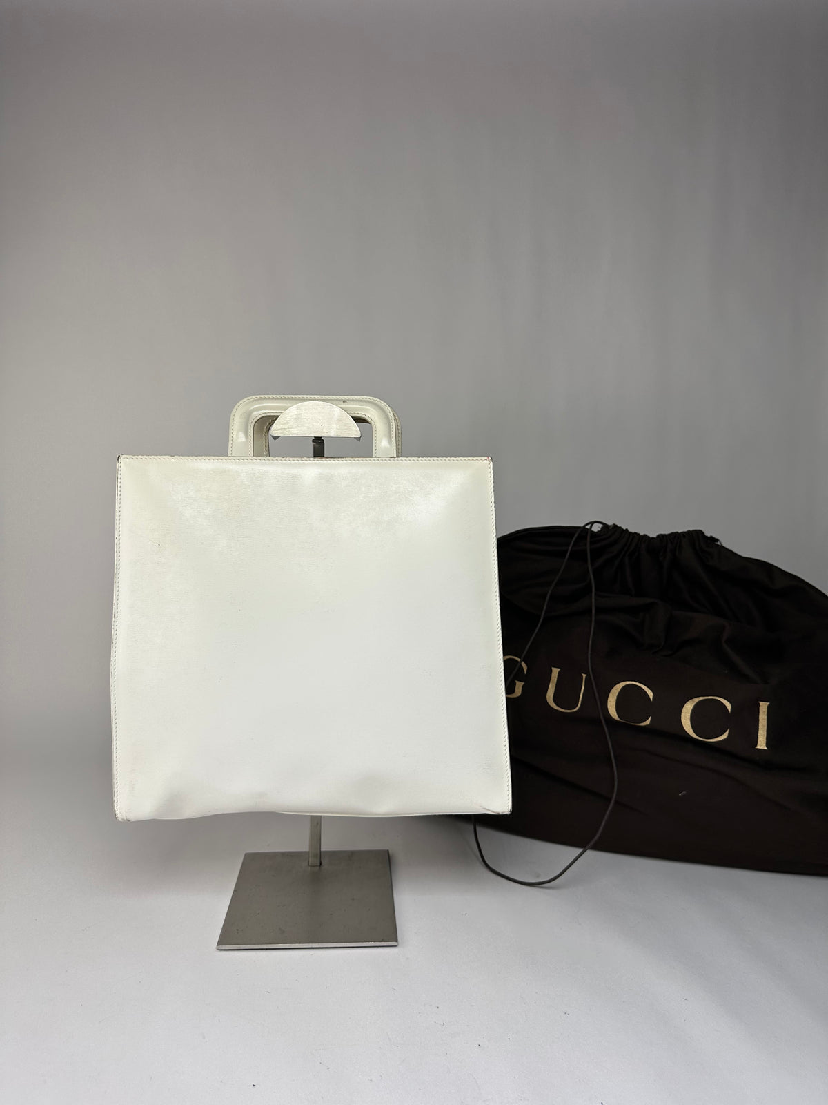 Vintage Gucci Structured Leather Top-Handle Bag White Silver