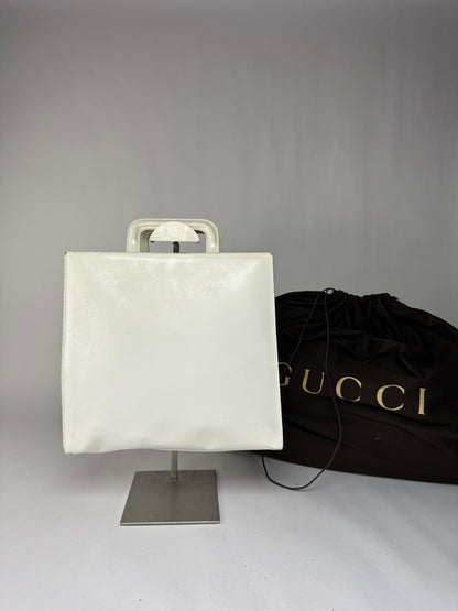 Vintage Gucci Structured Leather Top-Handle Bag White Silver