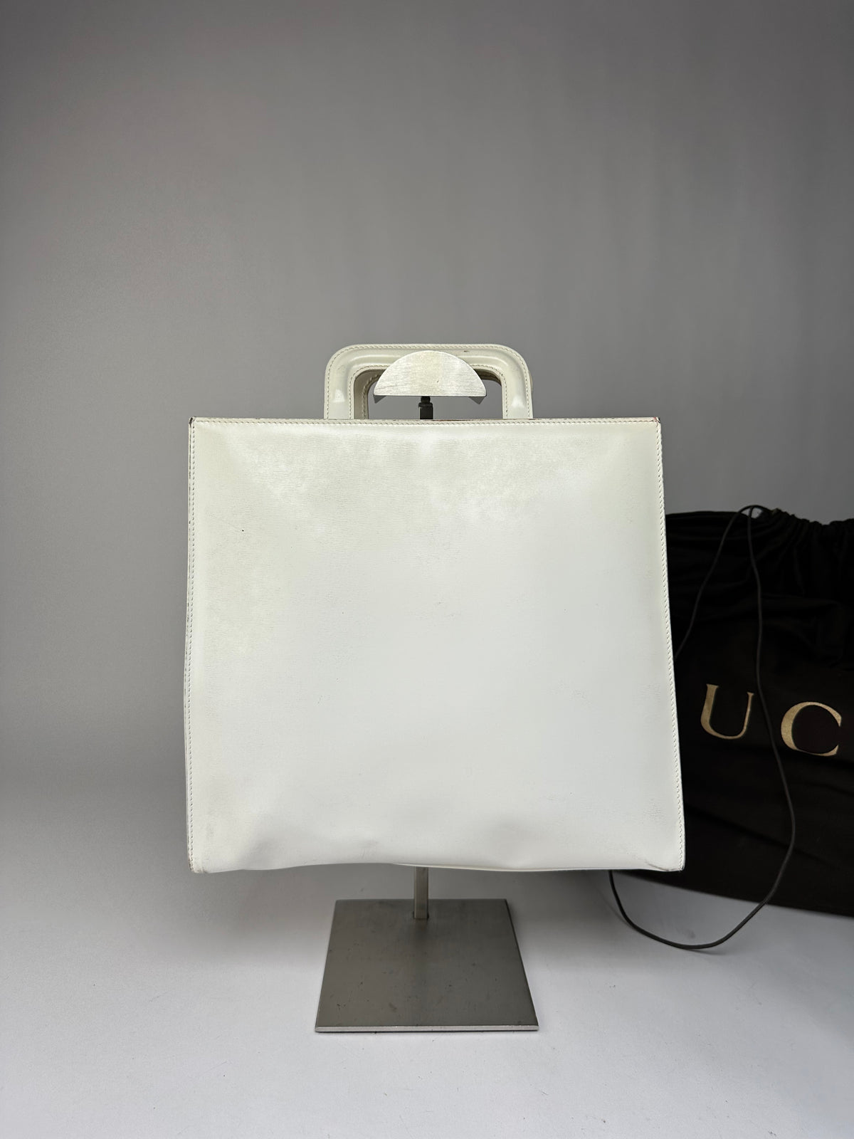 Vintage Gucci Structured Leather Top-Handle Bag White Silver