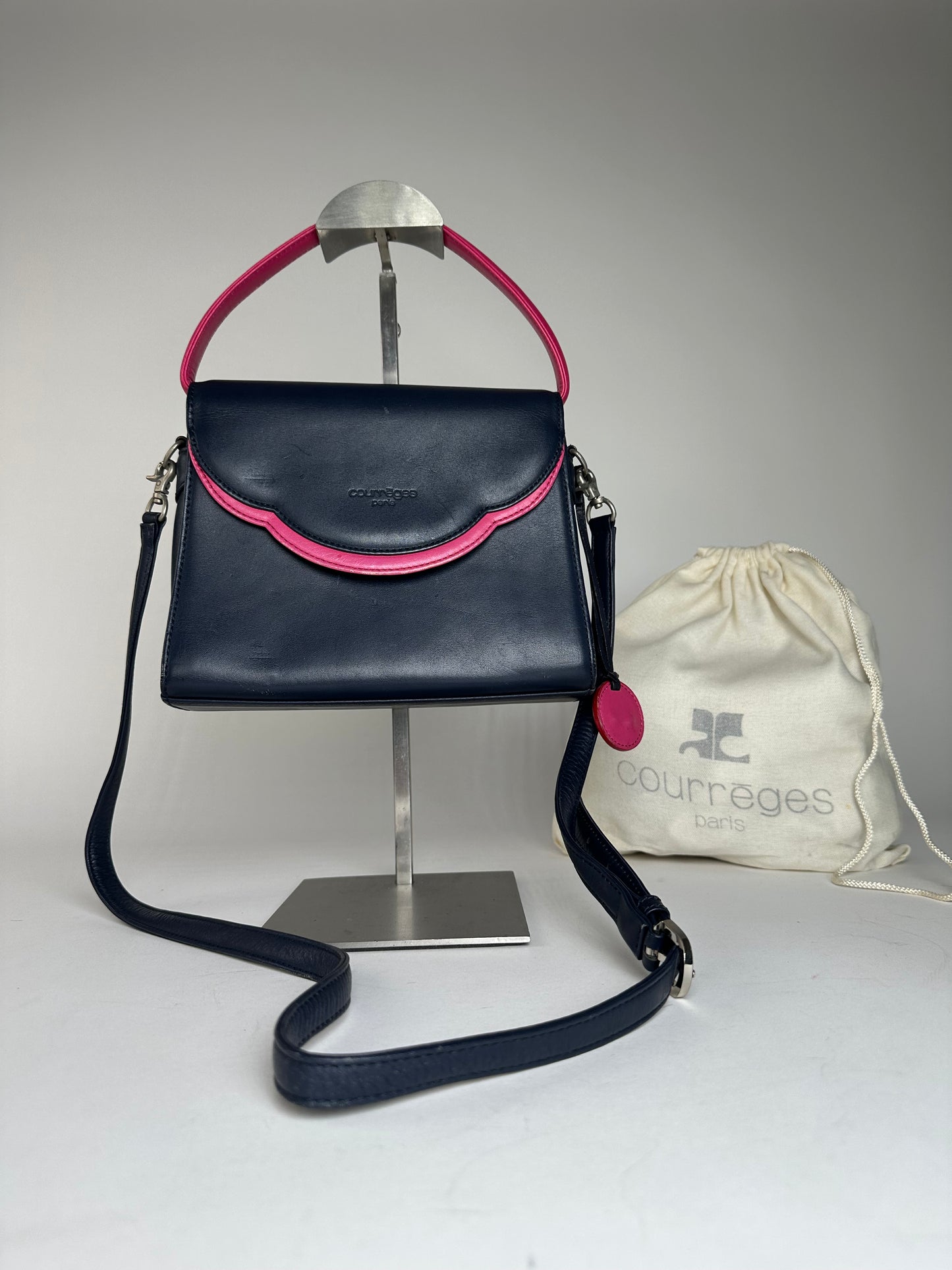 Vintage Courreges 2WAY Leather Handbag Navy Pink