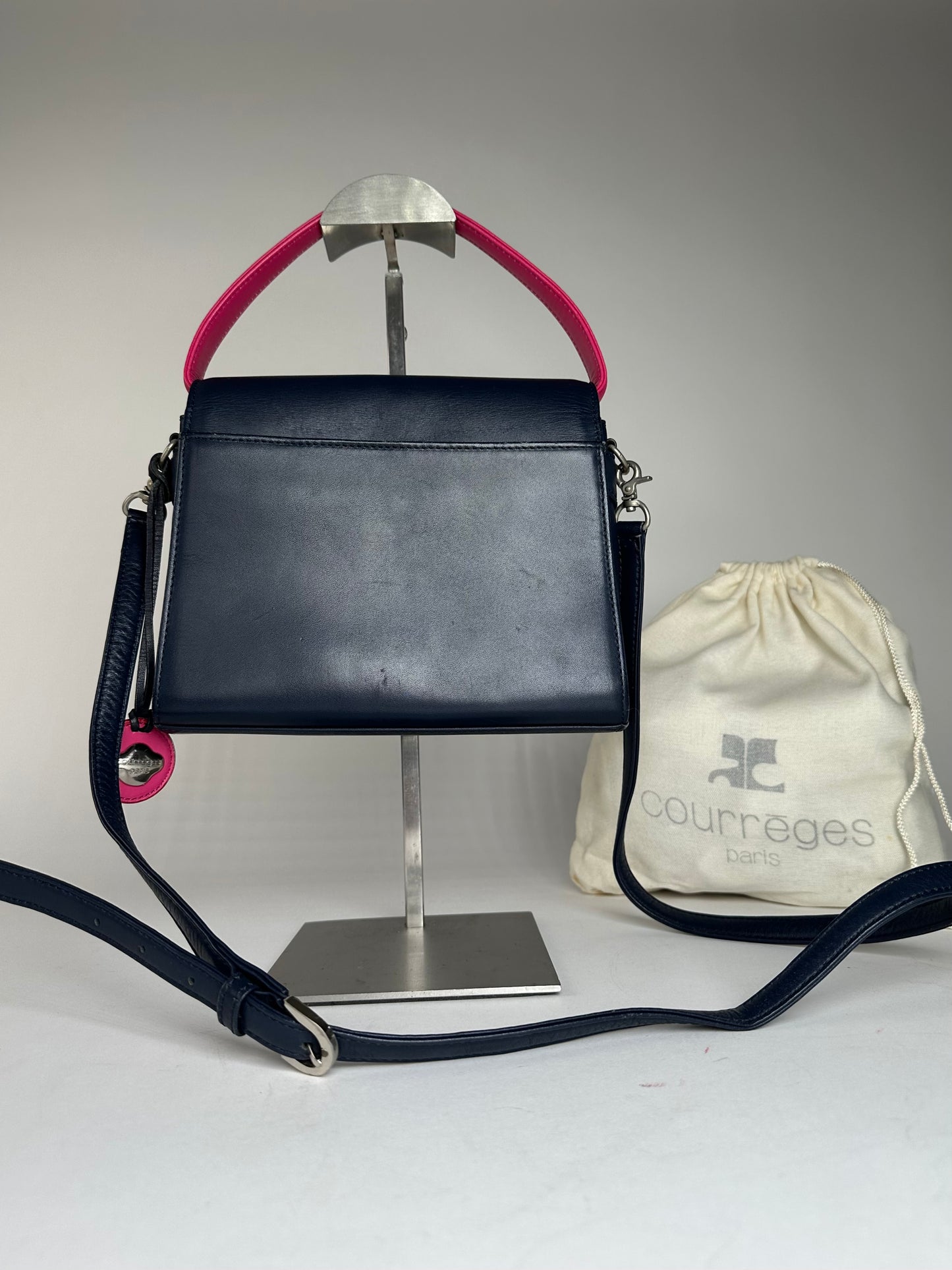 Vintage Courreges 2WAY Leather Handbag Navy Pink