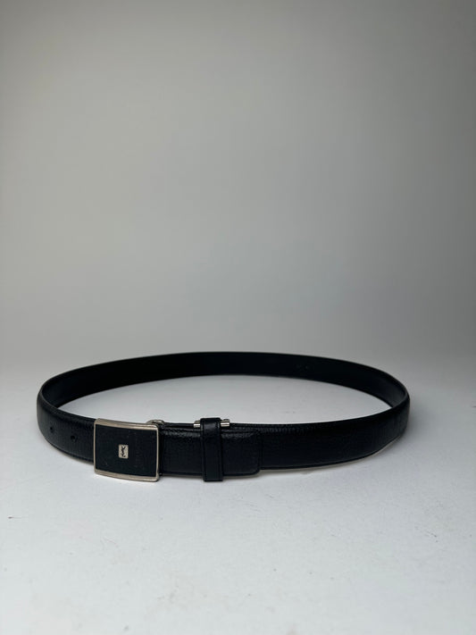 Yves Saint Laurent Textured Leather Belt Silver Buckle Black