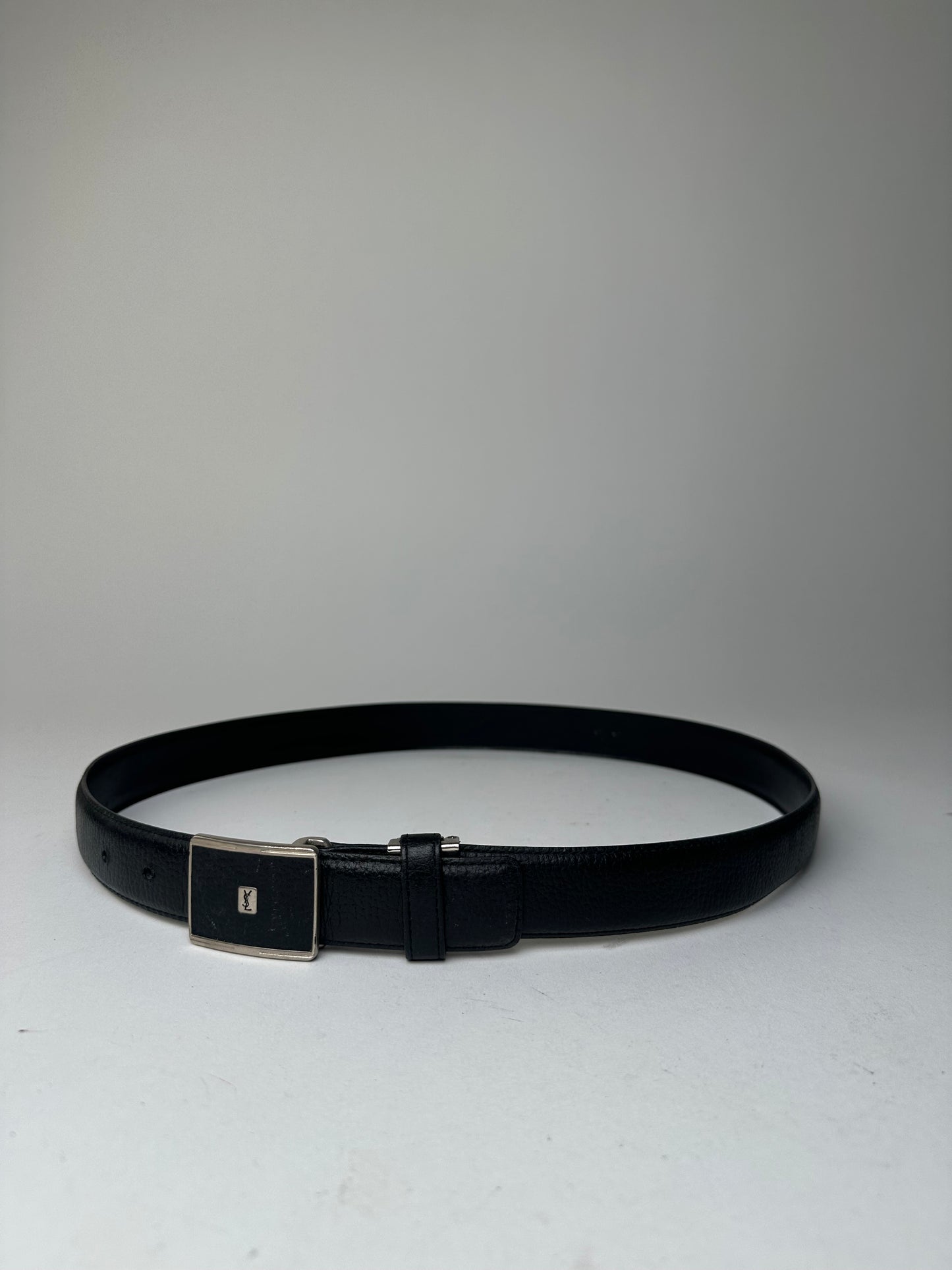 Yves Saint Laurent Textured Leather Belt Silver Buckle Black