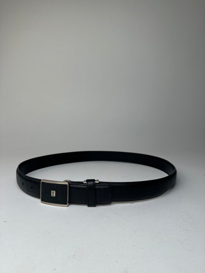 Yves Saint Laurent Textured Leather Belt Silver Buckle Black