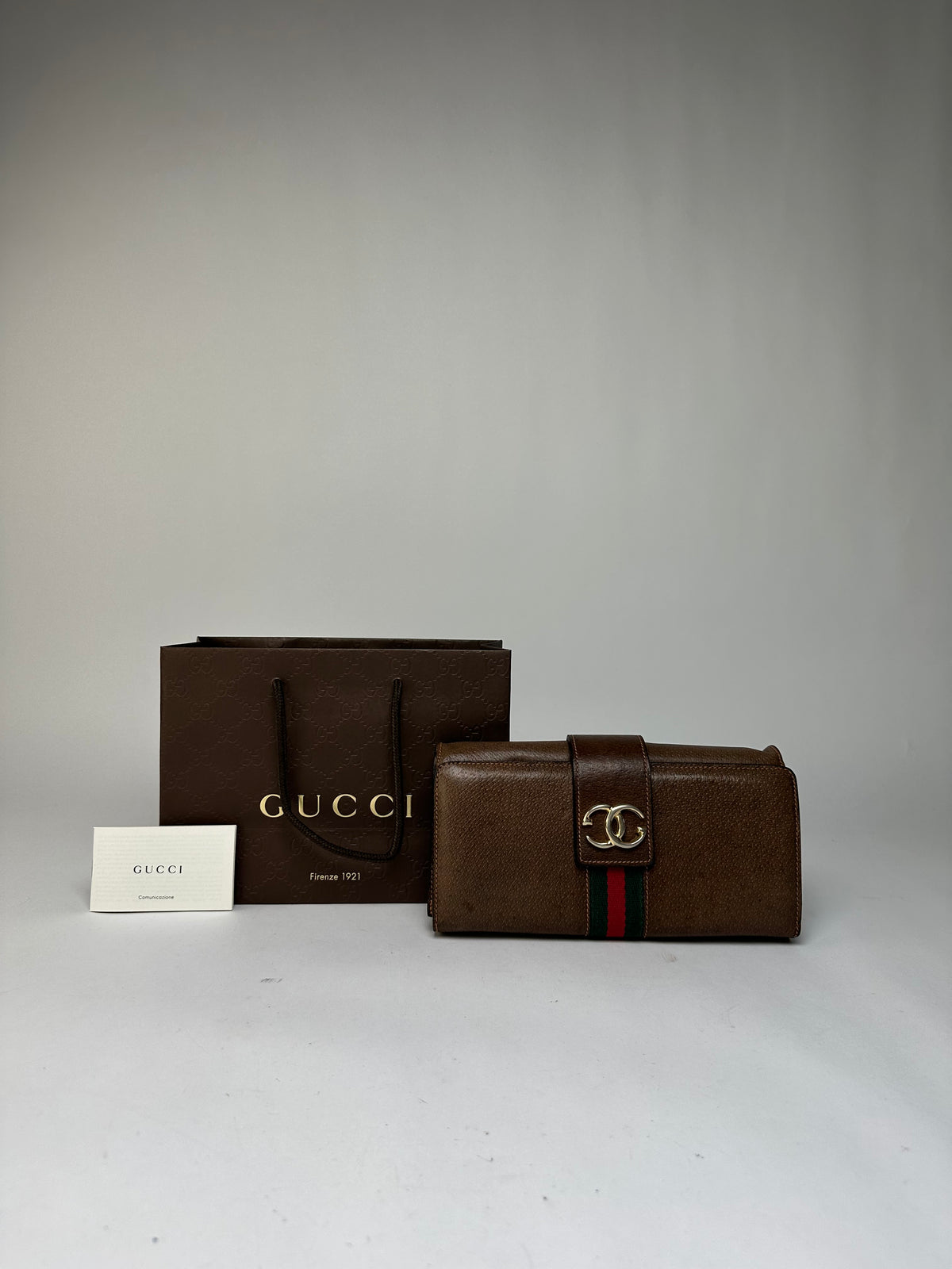 Vintage Gucci Bifold Wallet Brown Green Red Stripe