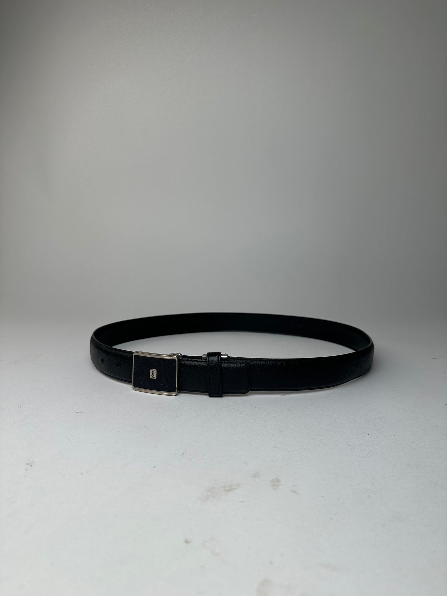 Yves Saint Laurent Textured Leather Belt Silver Buckle Black