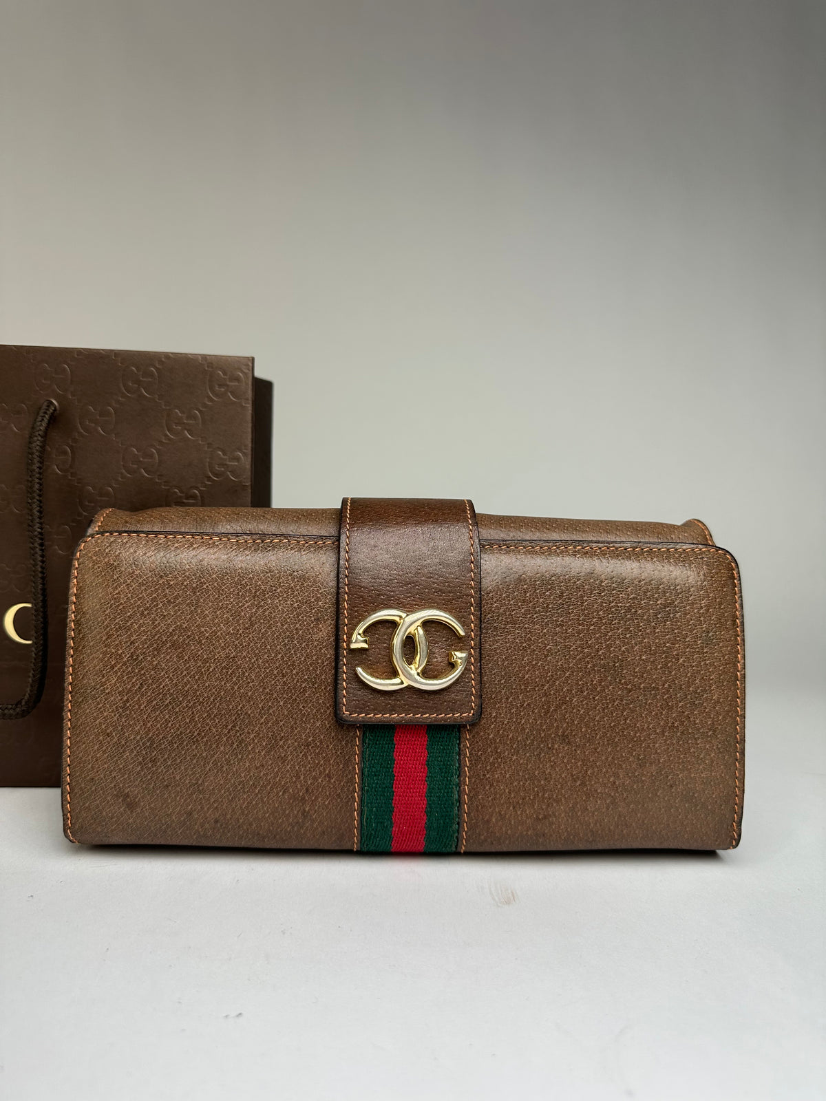 Vintage Gucci Bifold Wallet Brown Green Red Stripe