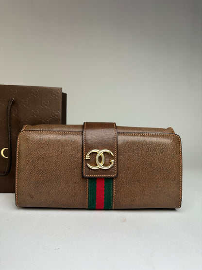 Vintage Gucci Bifold Wallet Brown Green Red Stripe