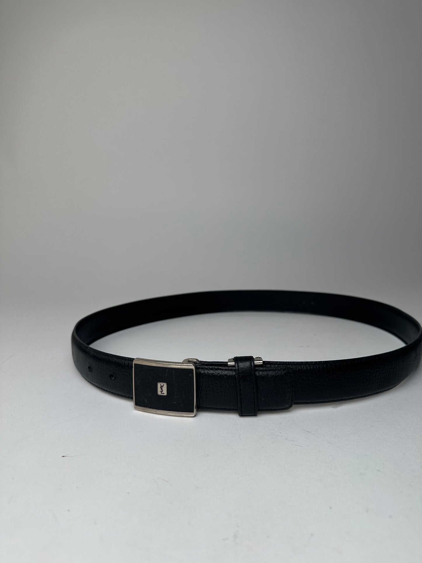Yves Saint Laurent Textured Leather Belt Silver Buckle Black
