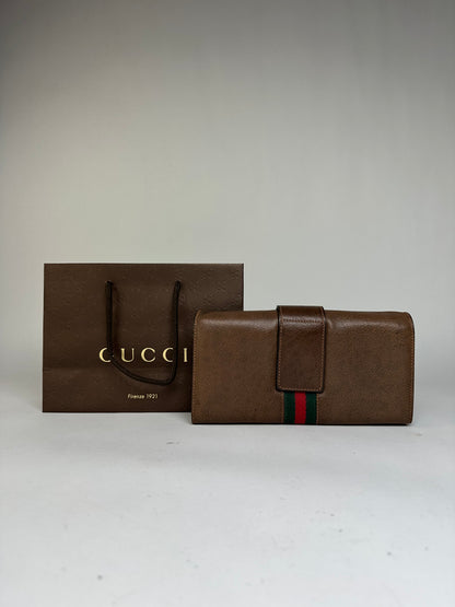 Vintage Gucci Bifold Wallet Brown Green Red Stripe