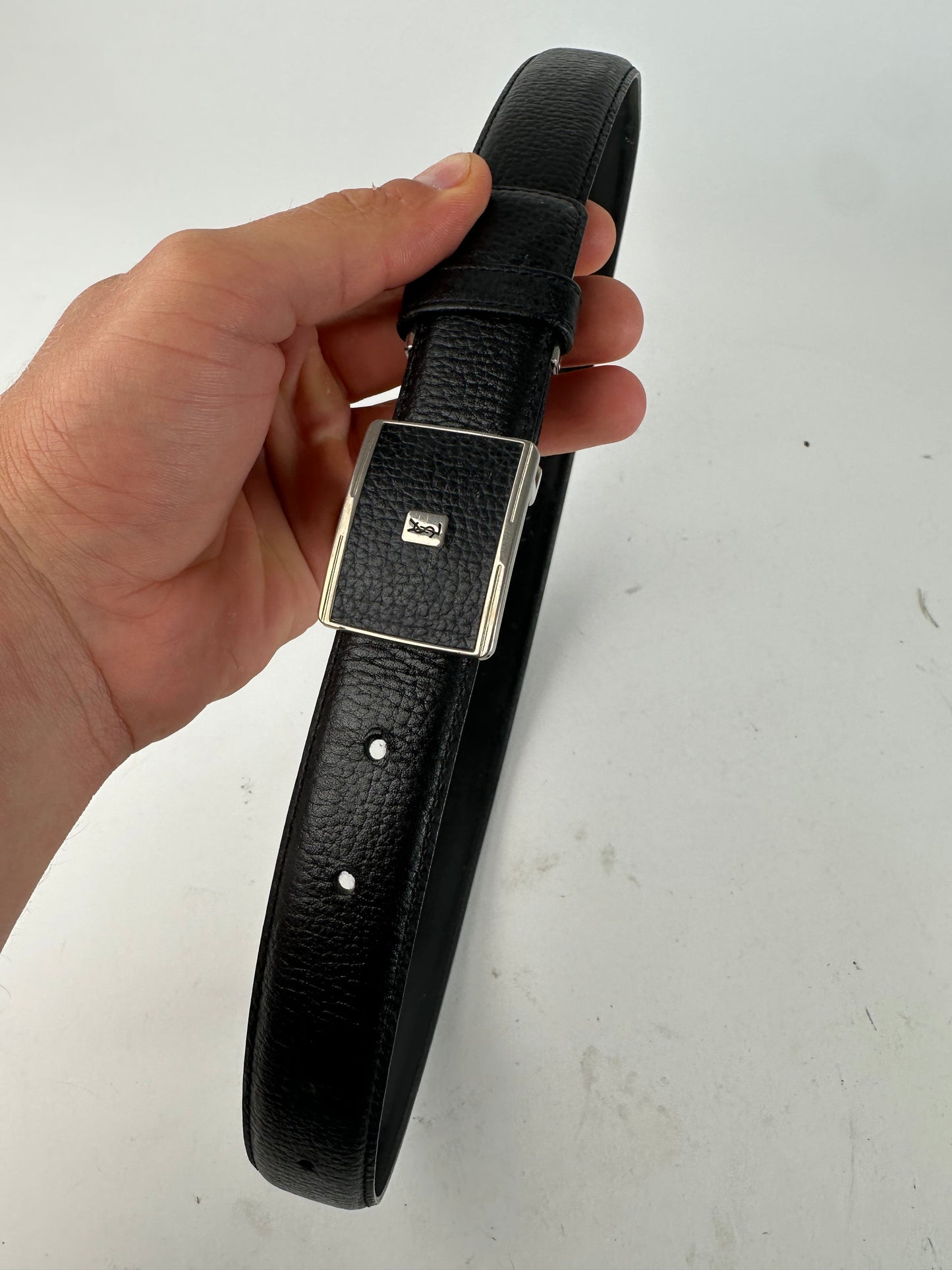 Yves Saint Laurent Textured Leather Belt Silver Buckle Black