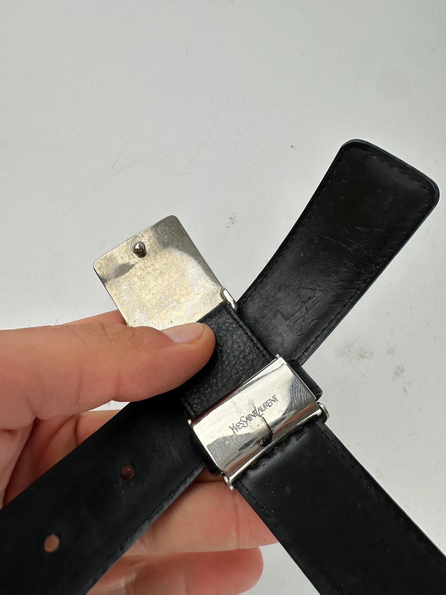 Yves Saint Laurent Textured Leather Belt Silver Buckle Black