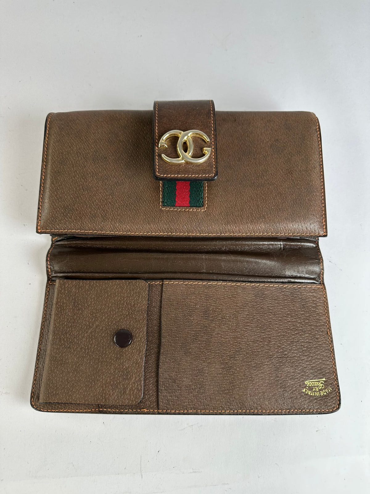 Vintage Gucci Bifold Wallet Brown Green Red Stripe
