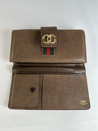 Vintage Gucci Bifold Wallet Brown Green Red Stripe