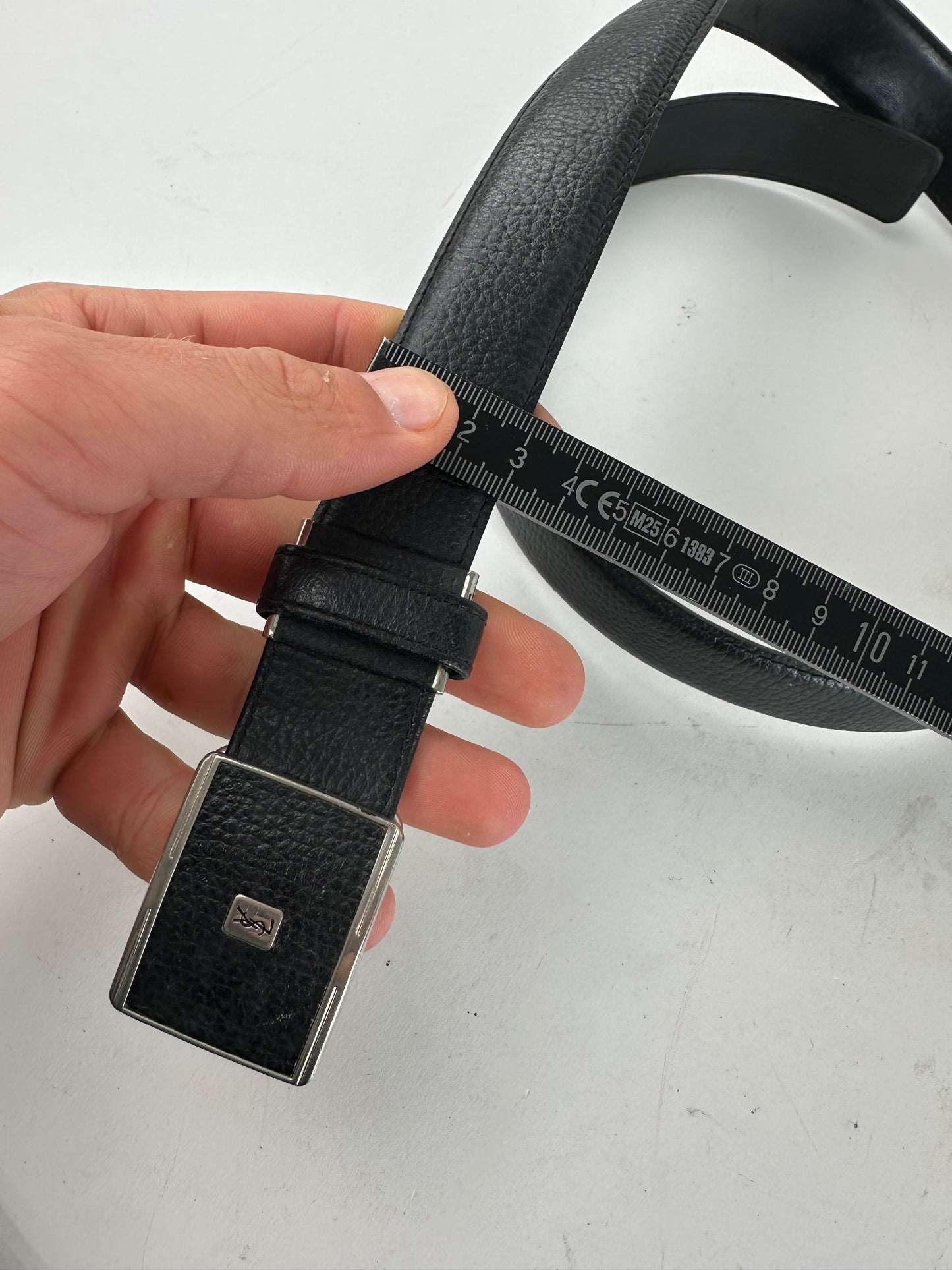 Yves Saint Laurent Textured Leather Belt Silver Buckle Black