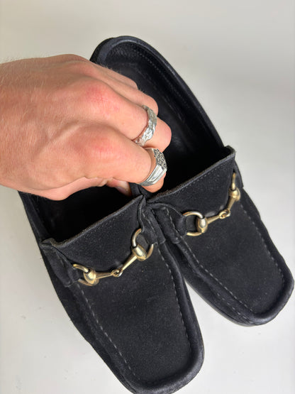 Vintage Gucci Suede Loafers Black Gold-Tone Chain EU39.5