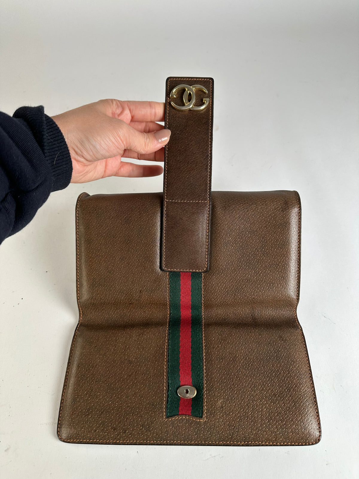 Vintage Gucci Bifold Wallet Brown Green Red Stripe