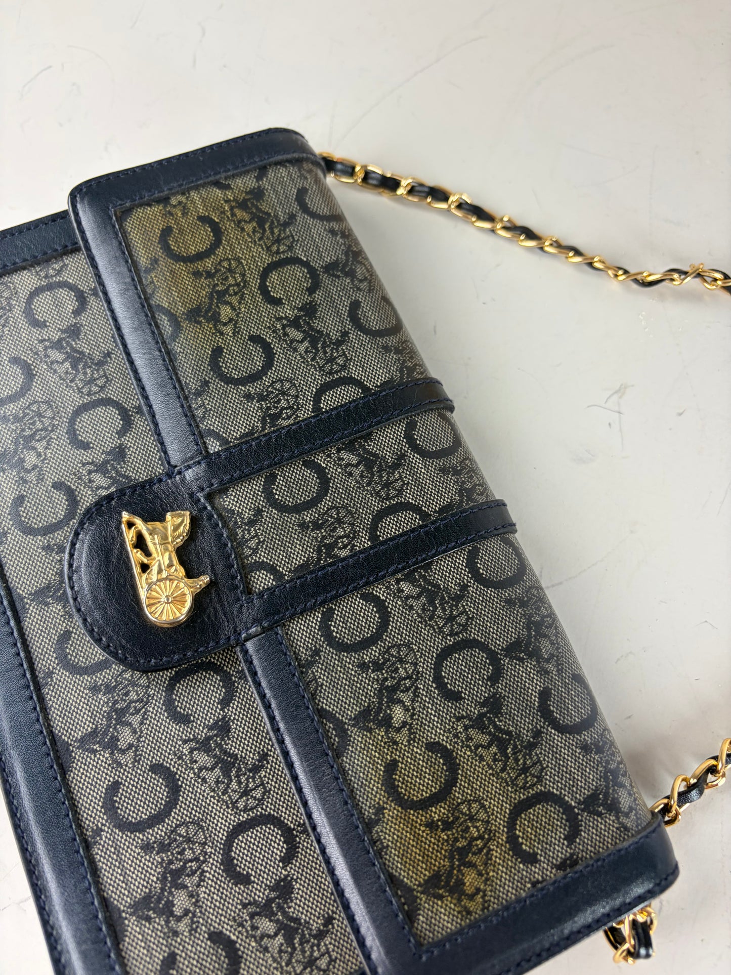 Vintage Celine C Monogram Canvas Shoulder Bag Navy Gray