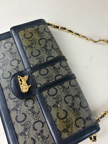 Vintage Celine C Monogram Canvas Shoulder Bag Navy Gray